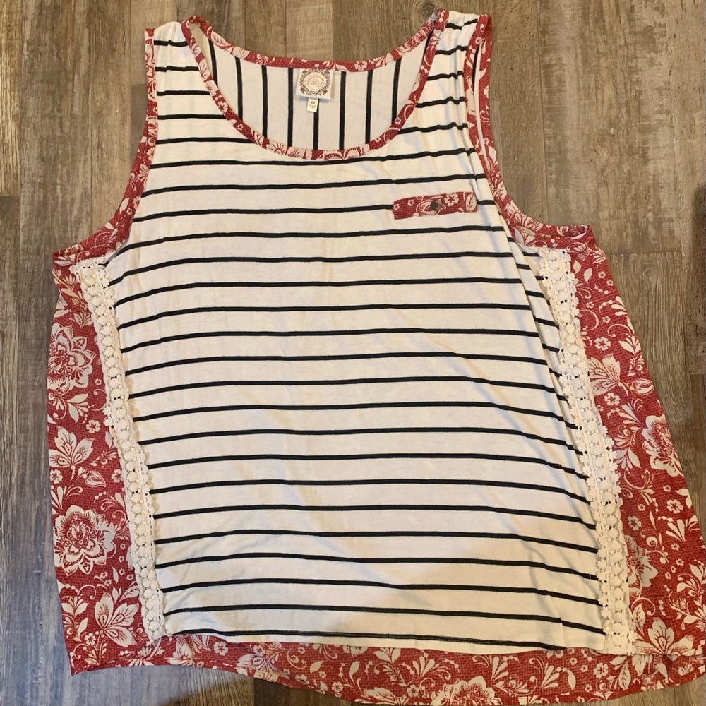 Pattern Mix Sleeveless Red Floral Black Cream Stripe Country Chic Shirt Plus